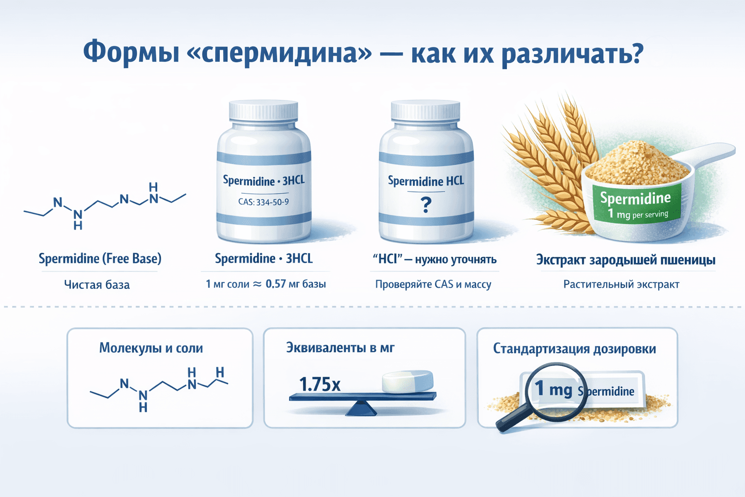 Разбор “спермидина”: 3HCl, “HCl”, экстракт зародышей пшеницы и как сравнивать дозировки без ошибок